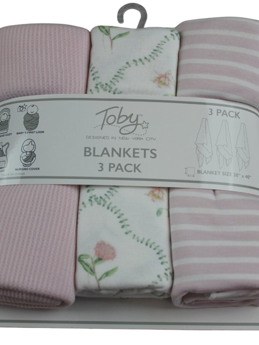 Toby Baby Blanket 3-Pack Pink Waffle Weave Floral Striped Infant Girls NWT RARE